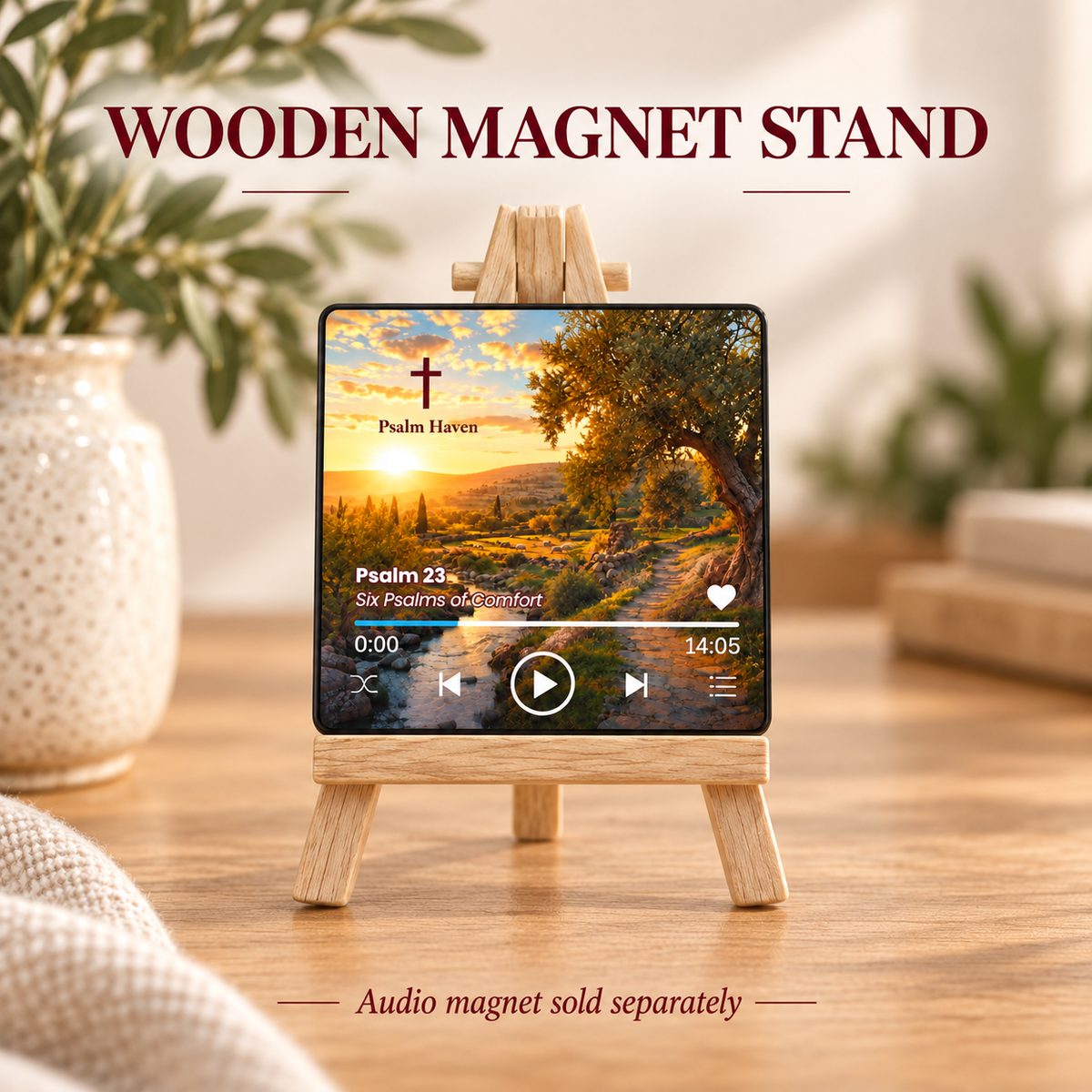 Wooden Magnet Stand holding a Psalm 23 Audio Magnet, sold separately