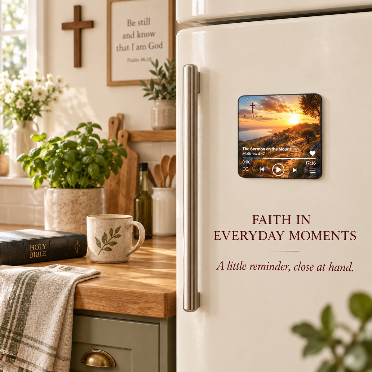 The Sermon on the Mount Audio Magnet attached to a fridge door in a kitchen