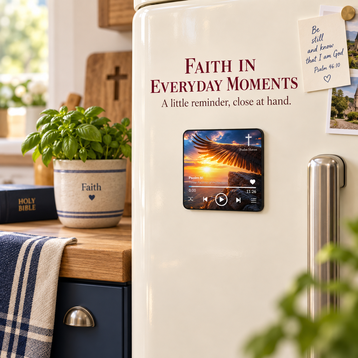 Psalm 91 Audio Magnet attached to a fridge door in a kitchen
