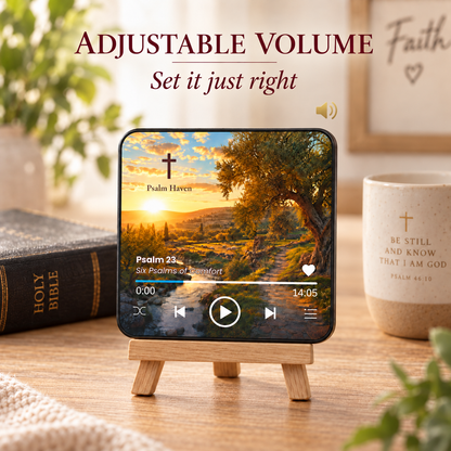 Psalm 23 Audio Magnet with adjustable volume, displayed on a wooden stand