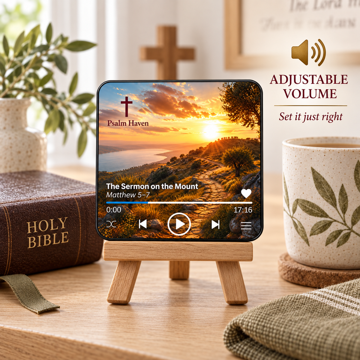 The Sermon on the Mount Audio Magnet on a wooden stand with an adjustable volume message