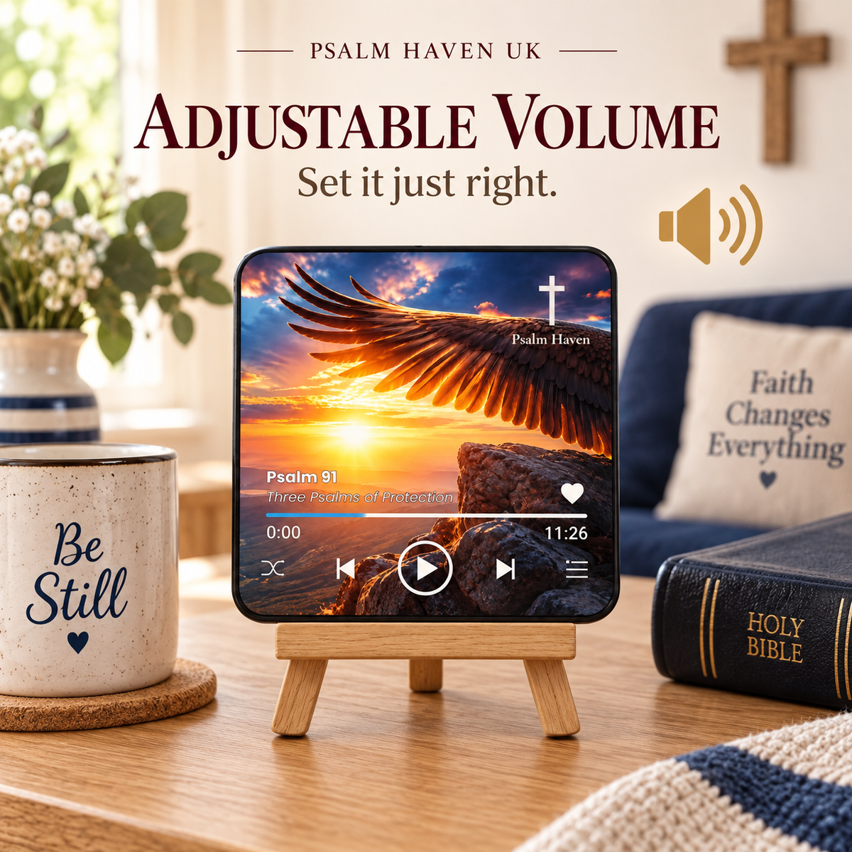 Psalm 91 Audio Magnet displayed on a wooden stand with an adjustable volume message