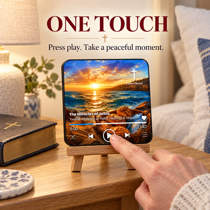 A finger pressing the play button on The Miracles of Jesus Audio Magnet