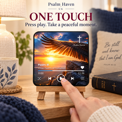 A finger pressing the play button on the Psalm 91 Audio Magnet