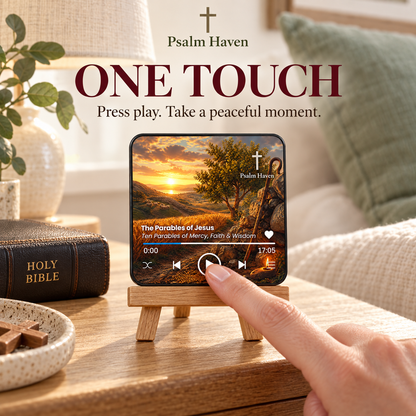 A finger pressing the play button on The Parables of Jesus Audio Magnet