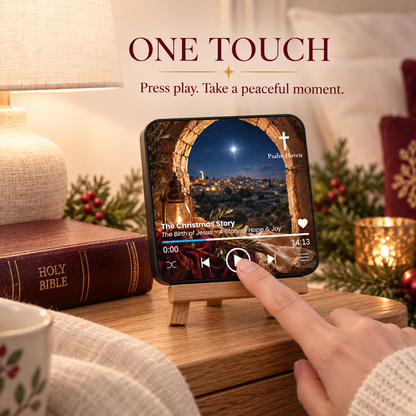 A finger pressing the play button on The Christmas Story Audio Magnet
