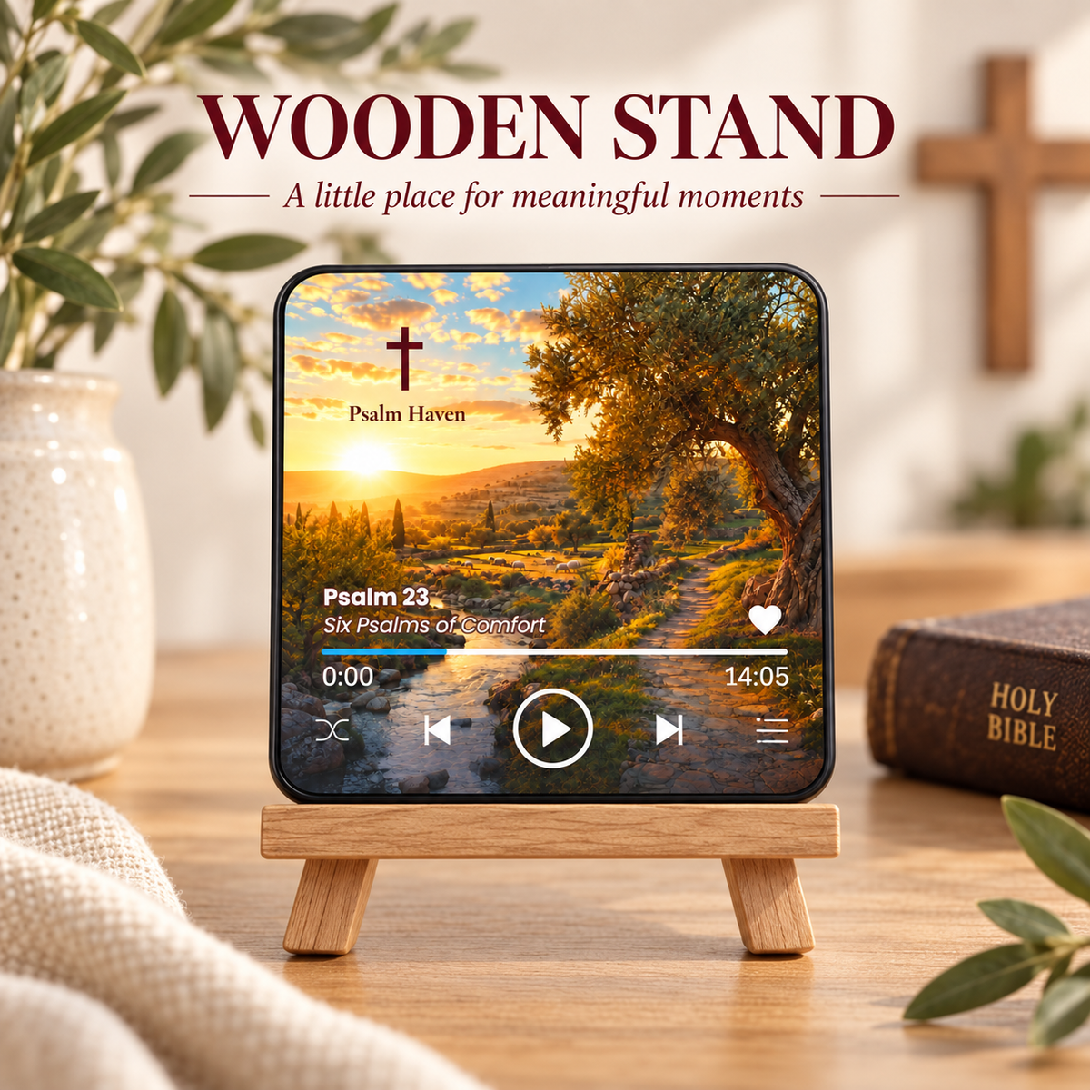 Psalm 23 Audio Magnet displayed on a small wooden stand in a cosy home