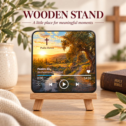 Psalm 23 Audio Magnet displayed on a small wooden stand in a cosy home