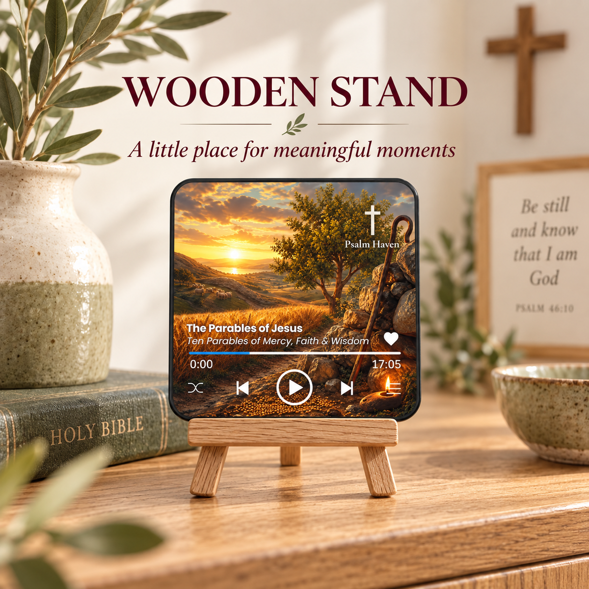 The Parables of Jesus Audio Magnet displayed on a small wooden stand at home