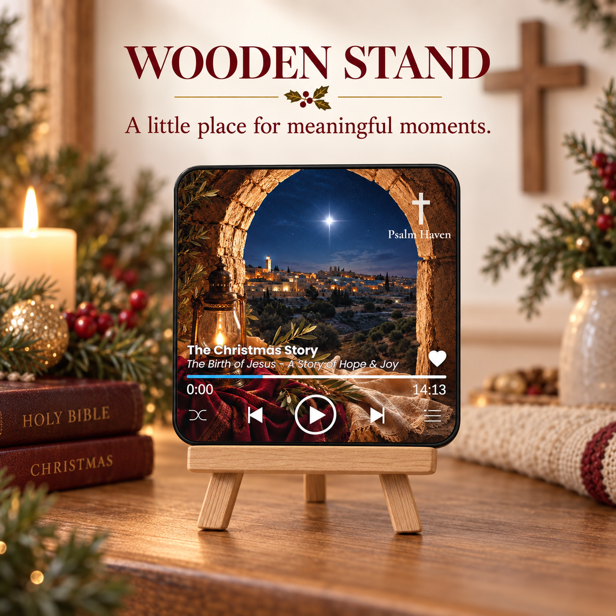 The Christmas Story Audio Magnet displayed on a wooden stand with festive decorations
