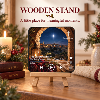 The Christmas Story Audio Magnet displayed on a wooden stand with festive decorations