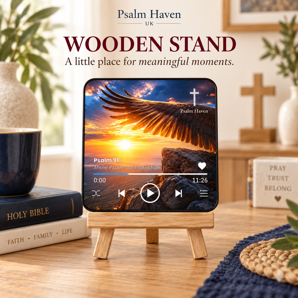 Psalm 91 Audio Magnet displayed on a small wooden stand in a cosy home