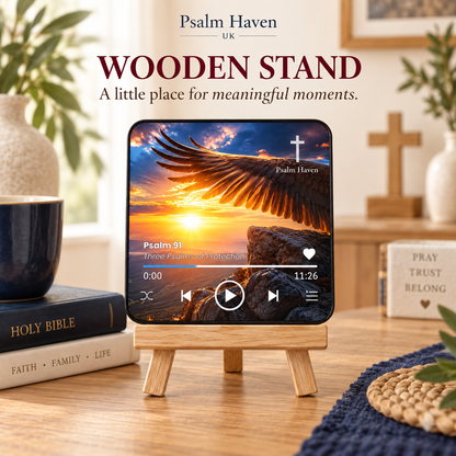 Psalm 91 Audio Magnet displayed on a small wooden stand in a cosy home