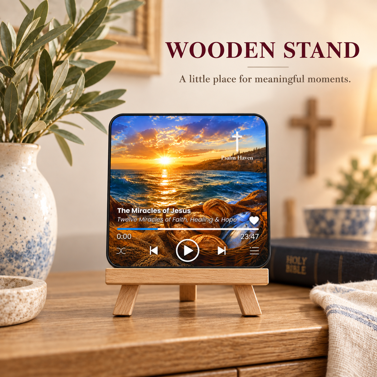 The Miracles of Jesus Audio Magnet displayed on a wooden stand beside a vase and books