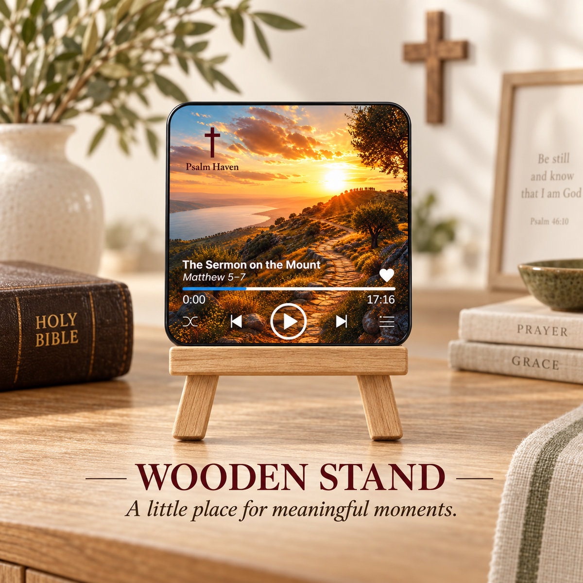 The Sermon on the Mount Audio Magnet displayed on a small wooden stand at home