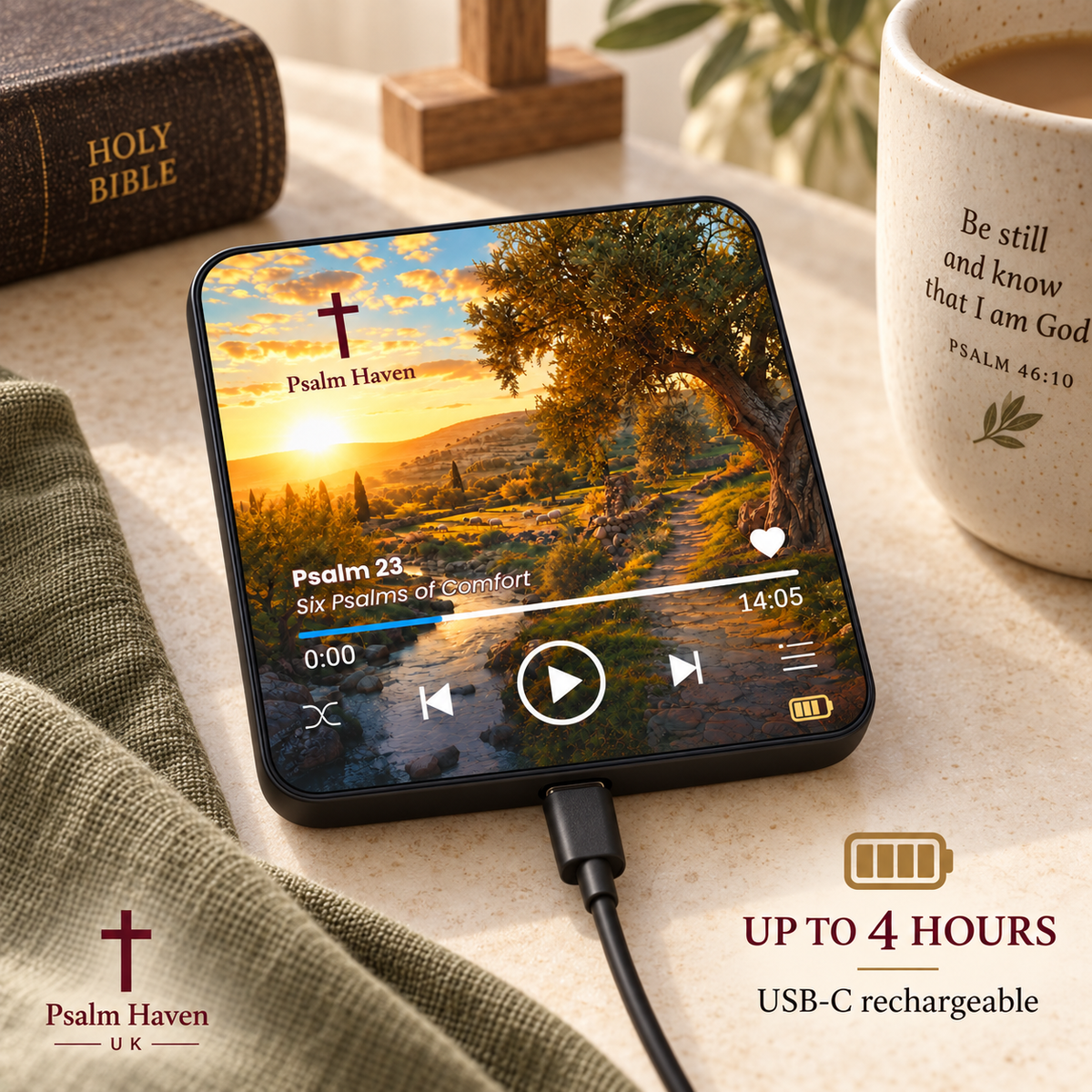 Psalm 23 Audio Magnet connected to a USB-C charging cable, with up to 4 hours of playback advertised