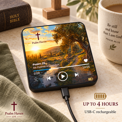 Psalm 23 Audio Magnet connected to a USB-C charging cable, with up to 4 hours of playback advertised