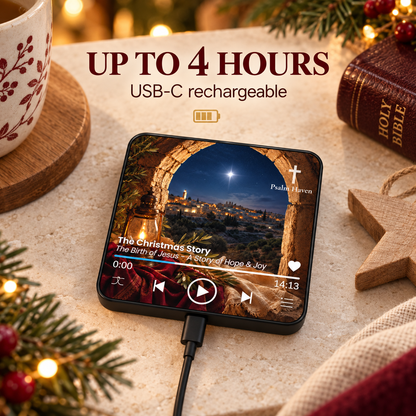 The Christmas Story Audio Magnet connected to a USB-C cable with an up to 4 hours playback message