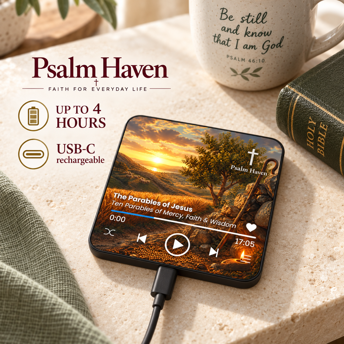 The Parables of Jesus Audio Magnet connected to a USB-C cable with an up to 4 hours playback message