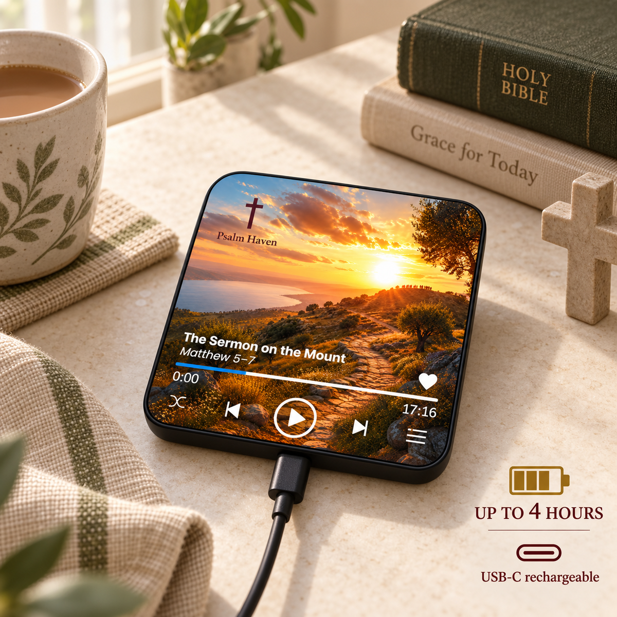 The Sermon on the Mount Audio Magnet connected to a USB-C cable with an up to 4 hours playback message
