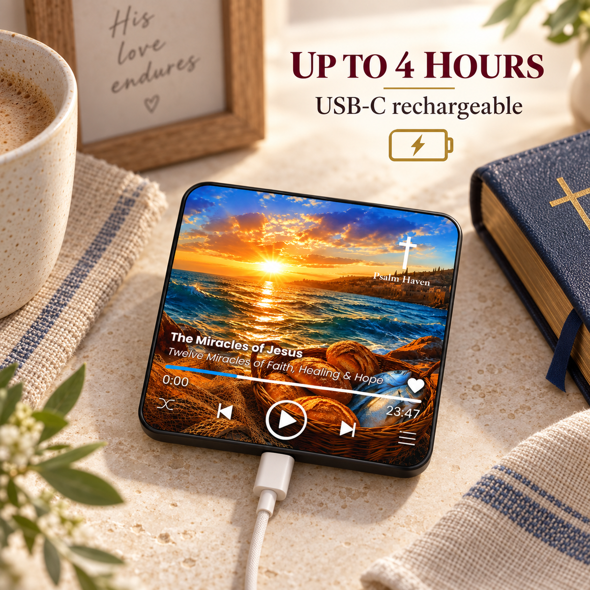 The Miracles of Jesus Audio Magnet connected to a USB-C cable with an up to 4 hours playback message