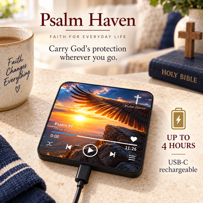 Psalm 91 Audio Magnet connected to a USB-C charging cable with an up to 4 hours playback message