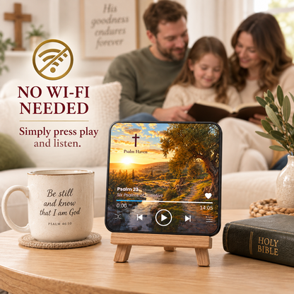Psalm 23 Audio Magnet displayed at home with a no Wi-Fi needed message