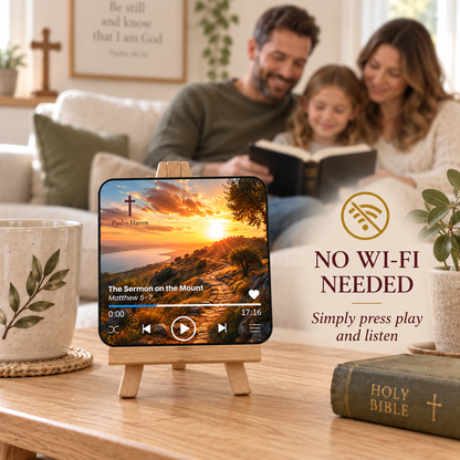 The Sermon on the Mount Audio Magnet displayed at home with a no Wi-Fi needed message