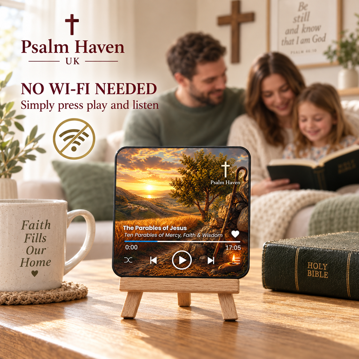 The Parables of Jesus Audio Magnet displayed at home with a no Wi-Fi needed message