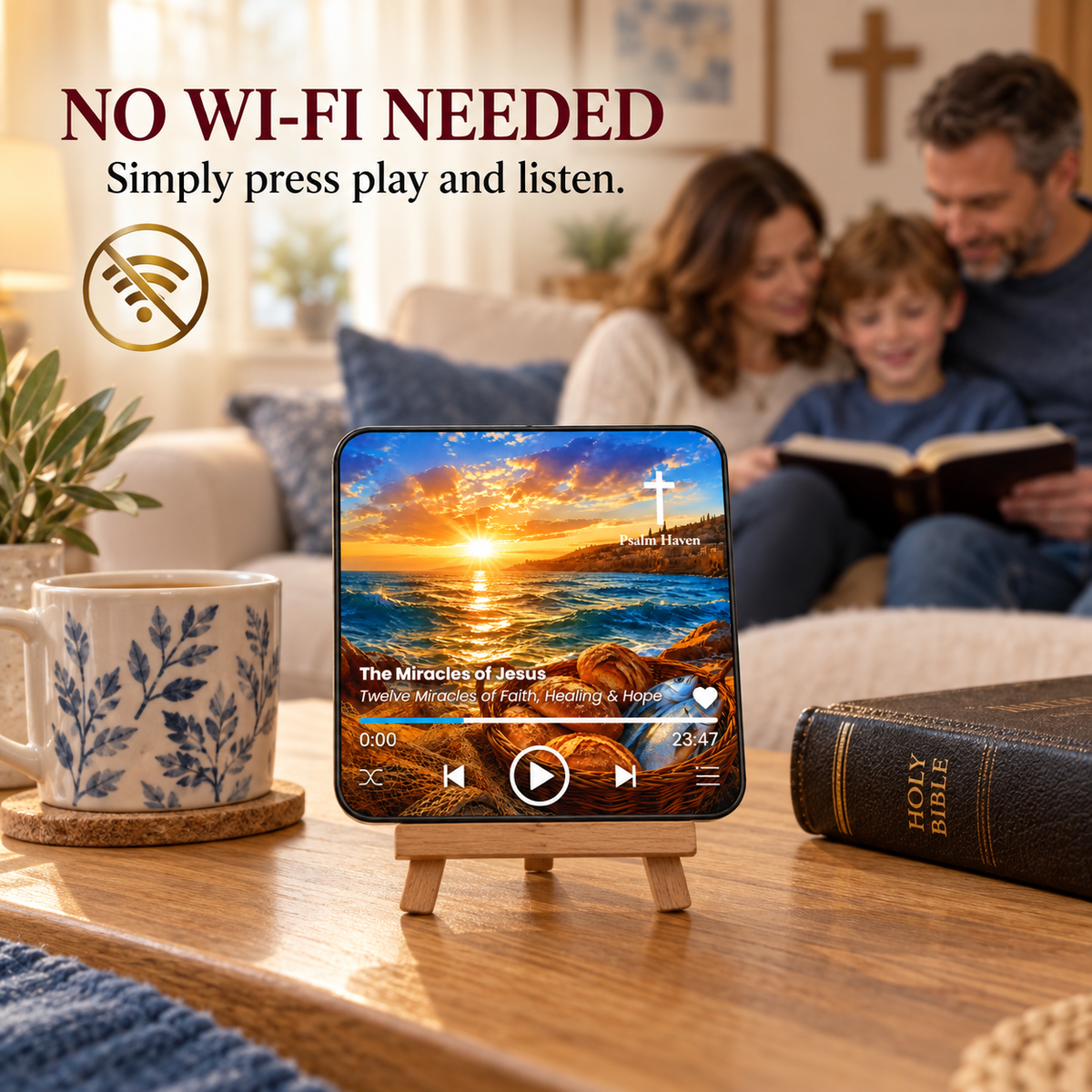 The Miracles of Jesus Audio Magnet with a family in the background and a no Wi-Fi needed message