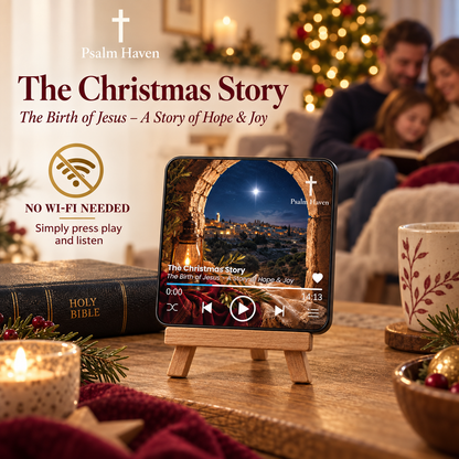 The Christmas Story Audio Magnet with a family in the background and a no Wi-Fi needed message