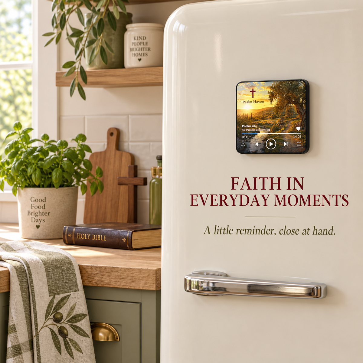 Psalm 23 Audio Magnet attached to a fridge door in a kitchen