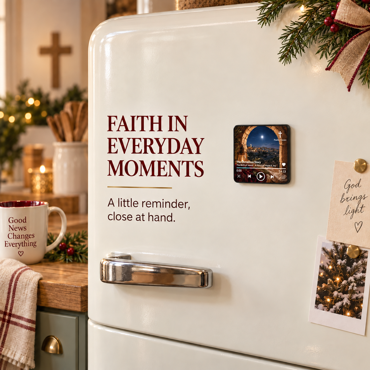 The Christmas Story Audio Magnet attached to a fridge door in a festive kitchen