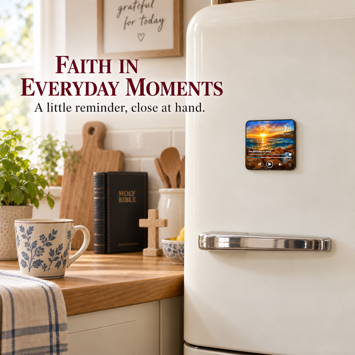 The Miracles of Jesus Audio Magnet attached to a fridge door in a kitchen