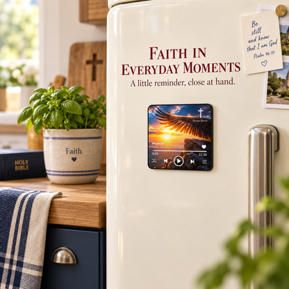 Psalm 91 Audio Magnet attached to a fridge door in a kitchen
