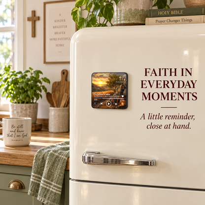 The Parables of Jesus Audio Magnet attached to a fridge door in a kitchen