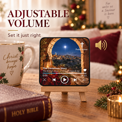 The Christmas Story Audio Magnet on a wooden stand with an adjustable volume message