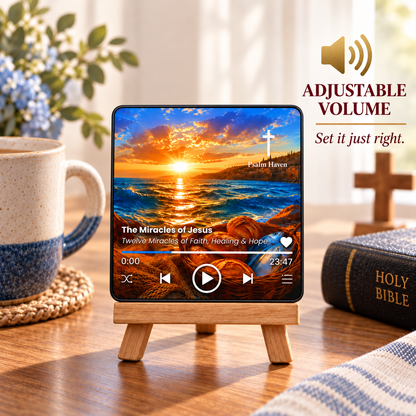 The Miracles of Jesus Audio Magnet on a wooden stand with an adjustable volume message