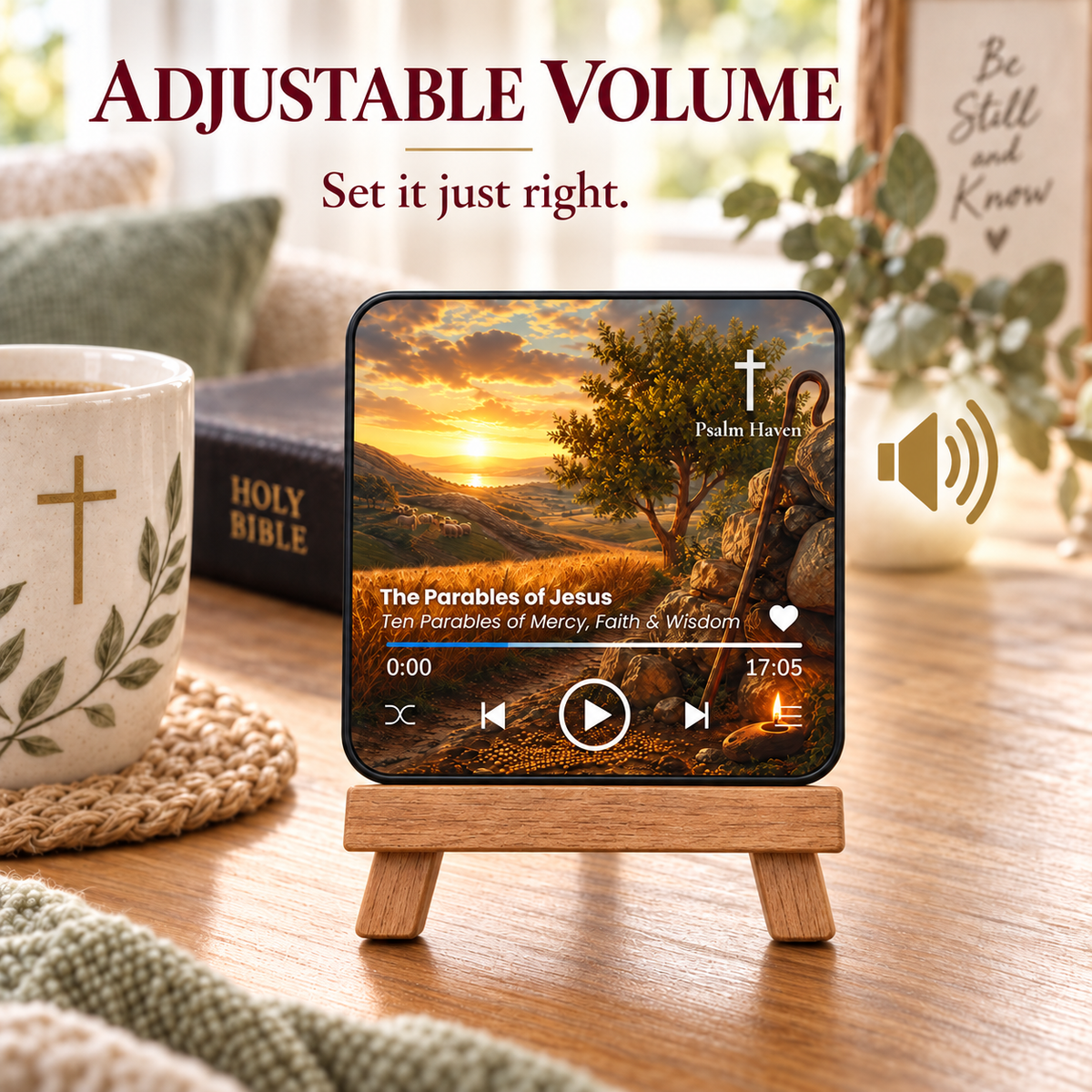 The Parables of Jesus Audio Magnet on a wooden stand with an adjustable volume message